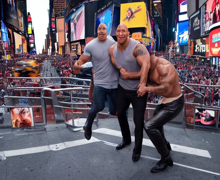 Image similar to Dwayne the Rock Johnson riding on Adam Sandler, Adam Sandler doing Methamphetamine at Times Square, Mew York City, photograph by Alfred Eisenstaedt, 4K, dramatic lighting; 4K 8K