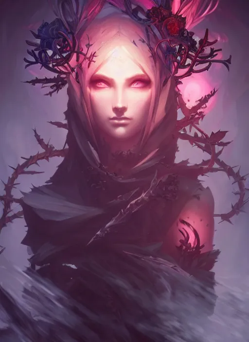 Prompt: beautiful necromancer with mist and smoke magic, surrounded by thorns and lilies. attarctive face, anime key visual, highly detailed, sharp focus, concept art, league of legends, style by shumolly and monable and artgerm and greg rutkowski and zeronis and pilyeon and ruan jia