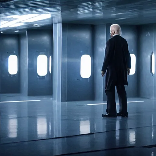 Image similar to Joe Biden as a Jedi knight, standing in a spaceship corridor. He has a blue lightsaber in his hand, and the light from it illuminates the scene. Industrial light and magic. Filmic. Heavy atmosphere. Photorealism.