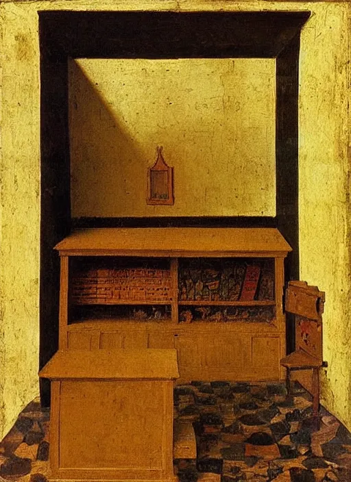 Prompt: bookshelf with children toys, medieval painting by jan van eyck, johannes vermeer, florence