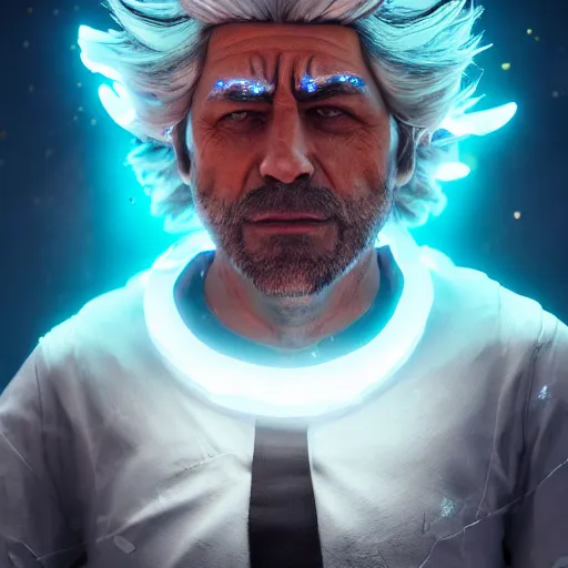 Image similar to portrait art of rick sanchez 8 k ultra realistic, lens flare, atmosphere, glow, detailed, intricate, full of colour, cinematic lighting, trending on artstation, 4 k, hyperrealistic, focused, extreme details, unreal engine 5, cinematic, masterpiece