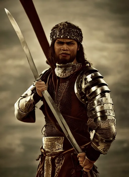 Image similar to photo of medieval tribal warrior ultra realistic, cinematic, full shot,