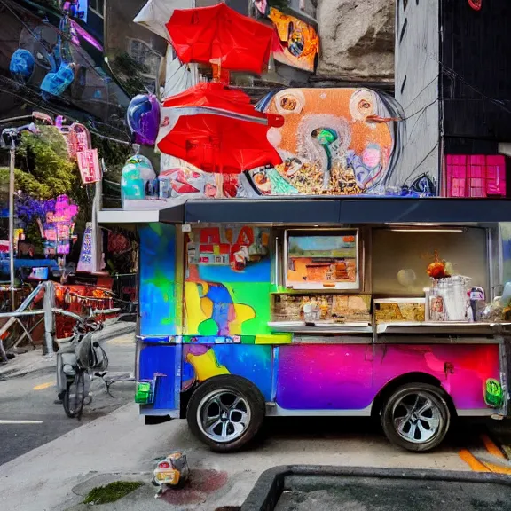Prompt: a ramen foodcart on an asteroid at the end of the universe, aliens sitting on stools eating, cosmic and colorful, deep colors and bold strokes