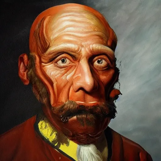 Prompt: a very realistic painting of the ugliest man in history, very detailed, visible paint layers, thick brush strokes, highly realistic.