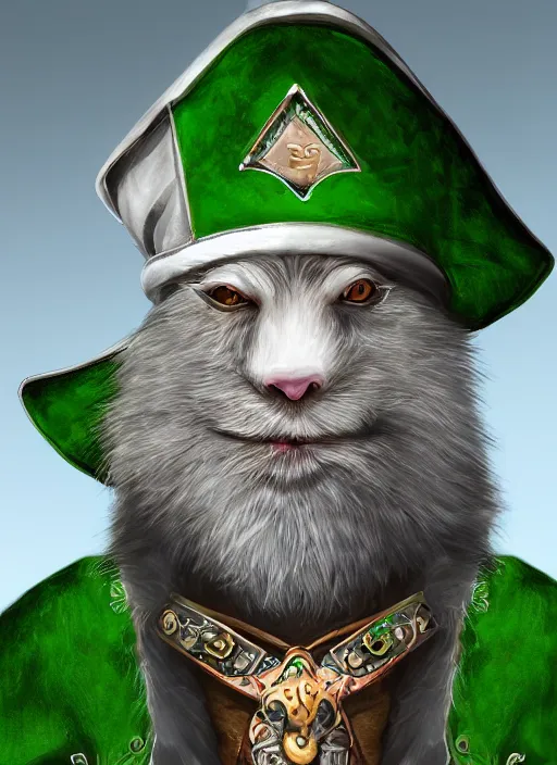 Image similar to a bearded gray humanoid rat with jewelry, green eyes, tricorne hat, green robe, D&D, digital art, realistic, trending on artstation, 4k, sea in the background