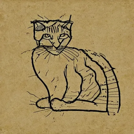 Prompt: tabby cat hand - drawn blueprint by leonardo davinci