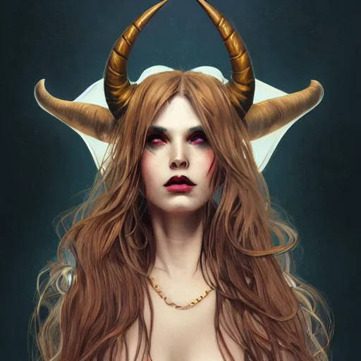 Image similar to a beautiful illustration of a satanic witch with horns in head, skulls, looking at camera, attractive, casual, modern, highly detailed, digital painting, artstation, concept art, smooth, sharp focus, illustration, art by artgerm, greg rutkowski and alphonse mucha