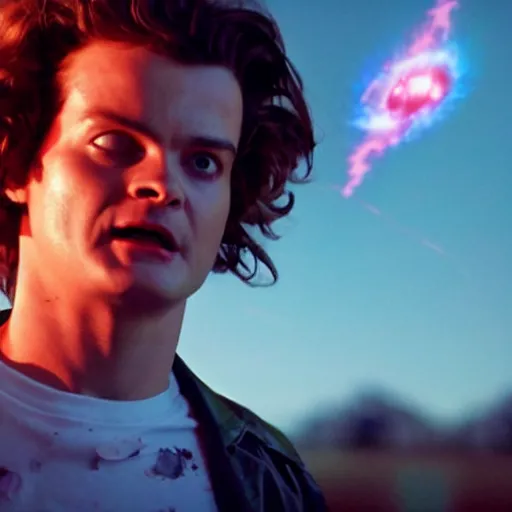 Prompt: a 4 k cinematic still portrait of steve harrington accidentally starting a black hole and destroying the cosmic universe, from a gritty cyberpunk 2 0 0 0 s james cameron movie about stranger things. realism, cinematic lighting, 4 k. 8 mm. grainy. panavision.
