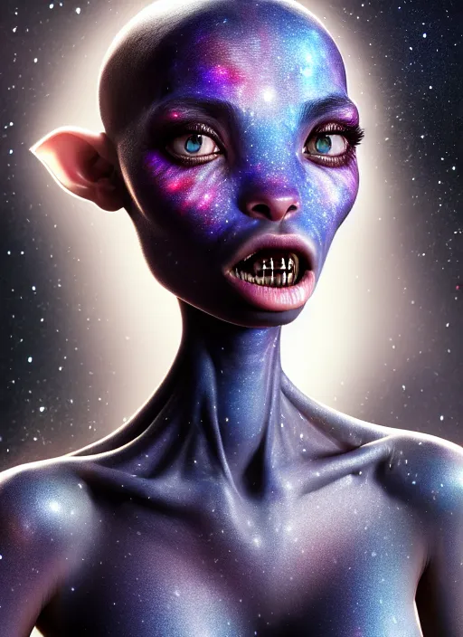 Prompt: a photorealistic portrait, stunningly beautiful hyper detailed avatar alien girl, mysterious black eyes, professionally retouched, soft lighting, hyper realistic, small nose, pretty mouth, black hair, beautifully detailed colorful starry sky, wide angle, sharp focus, 8 k high definition, 6 4 megapixels, insanely detailed, stunningly beautiful