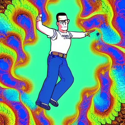 Image similar to Hank Hill from King of the Hill, falling into the abyss, fractal void, dmt colors, hyperrealistic