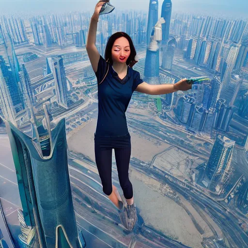 Image similar to spuergirl flying upon shanghai lujiazui, cityscape, cloud day, artstation, 8 k