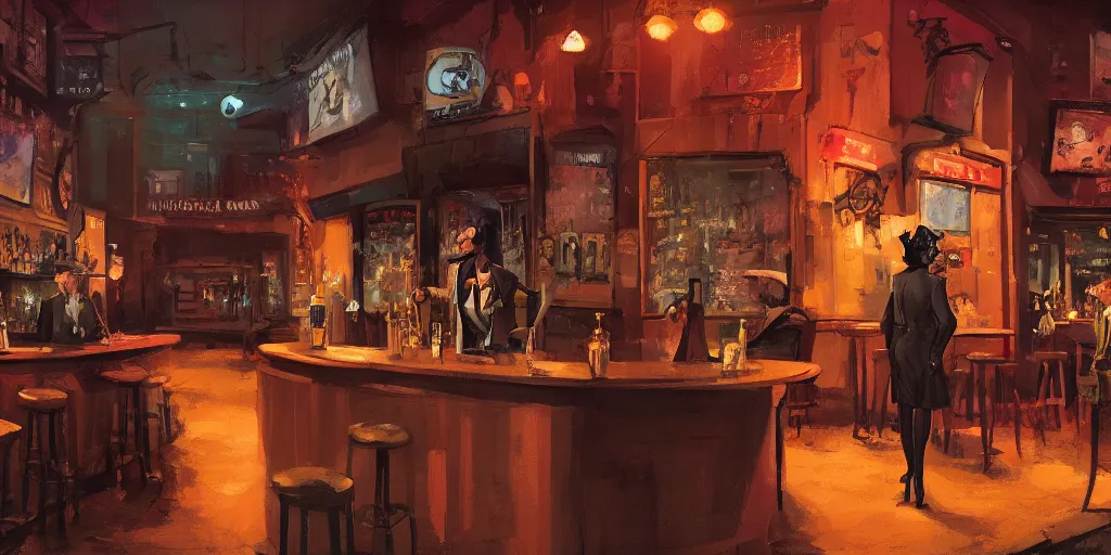 Image similar to a biped female rat is working at the bar of a 4 0 s jazz club, warm color palette, night time, dramatic lighting, noir film, character sheet, fine details, high contrast, blacksad, kim jung gi, greg rutkowski, trending on artstation, 8 k, front view, back view, ultra wide angle