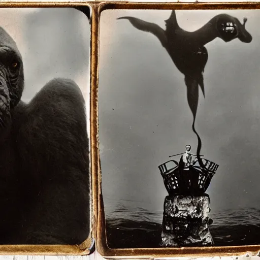 Image similar to tintype photo, underwater, King Kong and a squid
