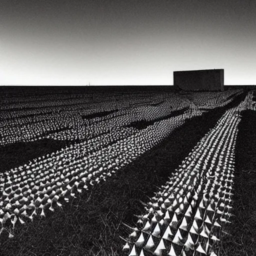 Prompt: radioactive spike field, monolithic stone spikes, creepy monotone black and white lighting, post nuclear fallout, desolate, no life, high resolution, old photo,