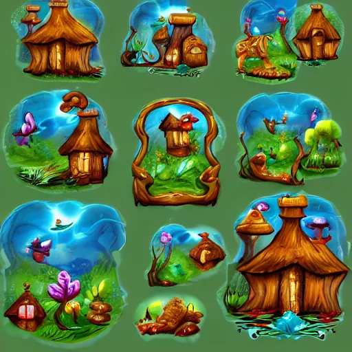 Prompt: enchanted magical forest environment tile set, art assets, tile set, hd, high detail