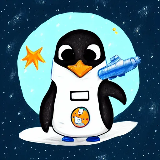 Image similar to cute drawing of a penguin on an astronaut suit, drawing, digital art, trending on artstation, 4 k