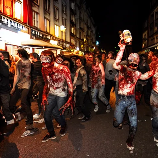 Image similar to zombies crowding the streets, drinking beer, in kreuzberg, at night