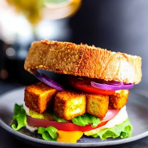 Image similar to sandwich with fried tofu, one red tomato slice, mayonnaise, one fried onion ring, smashed avocado, melted cheddar, in a red dish, background with saturn and stars in the sky