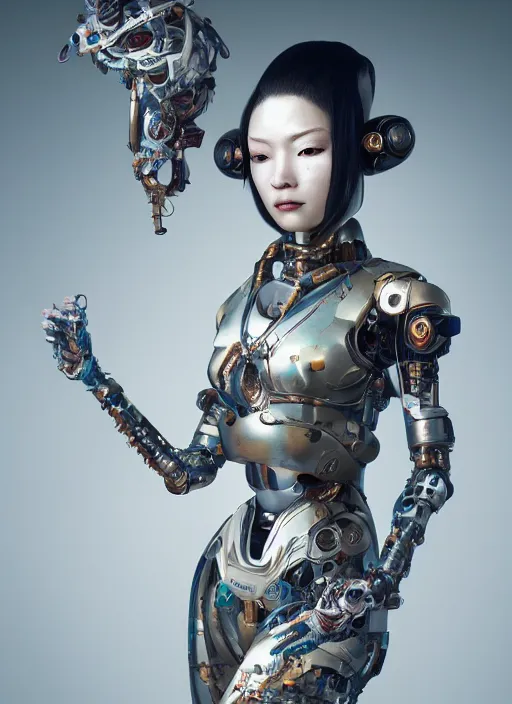 Prompt: portrait of a futuristic geisha cyborg, octane render, 8 k, kintsugi, modern fine art, fractal, intricate, elegant, highly detailed, digital photography, subsurface scattering, by jheronimus bosch and greg rutkowski,