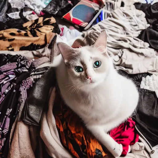 Image similar to a cat in a room full of clothes on the floor, detailed photo, Canon 5D, 50mm lens