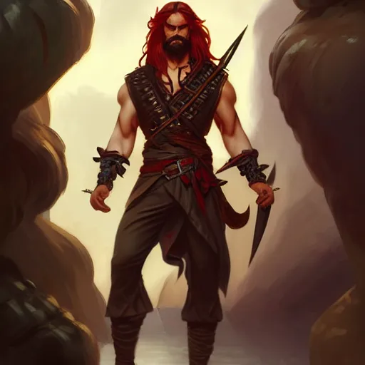 Image similar to full body shot of male pirate, D&D, handsome, amber eyes, muscular, fantasy, intricate, long hair, red hair, elegant, highly detailed, digital painting, artstation, concept art, smooth, sharp focus, illustration, art by artgerm and greg rutkowski and alphonse mucha