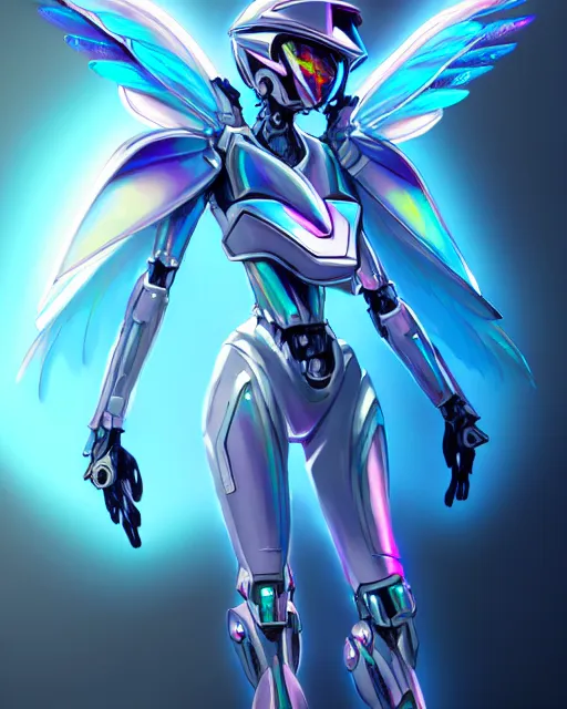 Prompt: uncropped iridescent feminine mecha ( with futuristic jet armor and wings ) with a heart visor helmet, symphogear, full body character portrait, hi - tech, trending on artstation, rave armor, digital painting, concept art, sharp focus, illustration, art by wlop and greg rutkowski