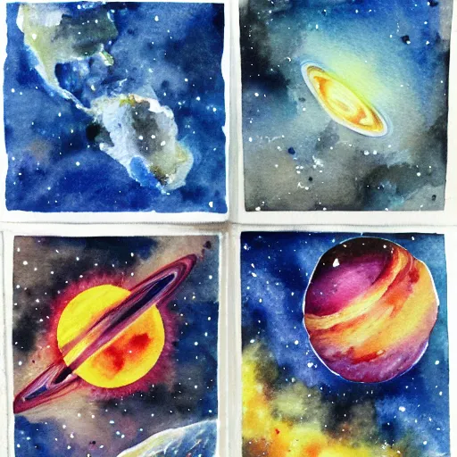 Prompt: planets colliding, space, stars, sun, earth, planets, explosions, huge explosions in space, watercolor art