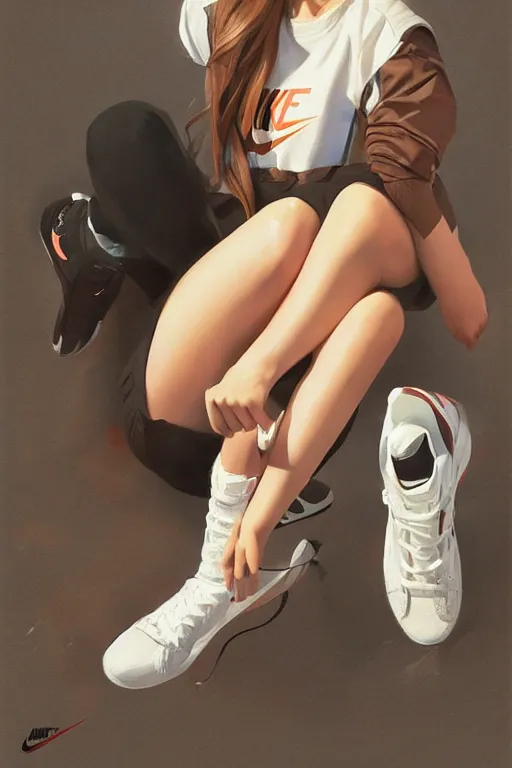 Image similar to A ultradetailed beautiful panting of a stylish girl , she is wearing Nike sneakers, Oil painting, by Ilya Kuvshinov, Greg Rutkowski and Makoto Shinkai