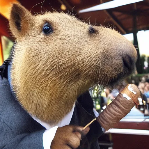 Image similar to an accurate capybara wearing a business suit and smoking a cigar in his mouth