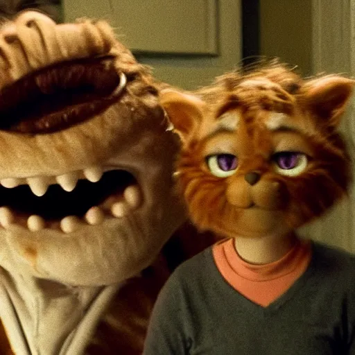 Prompt: garfield in a found footage horror movie, dark, scary