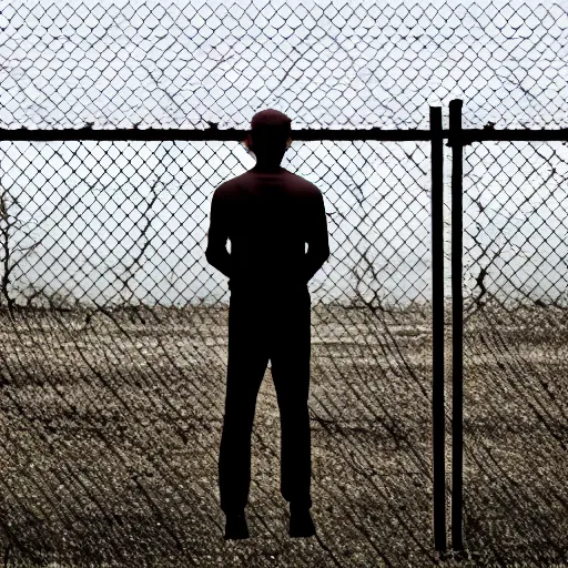 Image similar to a man standing in front of a fence with barbed wire, minimalism, dystopian art