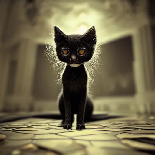 Prompt: full body pose, hyperrealistic photograph of gothic kitten, dim volumetric lighting, 8 k, octane beautifully detailed render, extremely hyper detailed, intricate, epic composition, cinematic lighting, masterpiece, trending on artstation, very very detailed, stunning, hdr, smooth, sharp focus, high resolution, award, winning photo, dslr, 5 0 mm