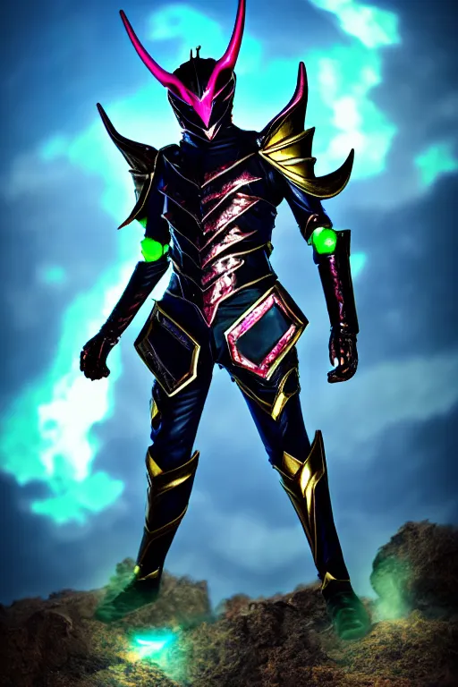 Prompt: High Fantasy Kamen Rider, single character, full body, 4k, rock quarry location, vibrant colors, daytime, glowing eyes, rubber suit, dark blue segmented armor, fantasy inspired segmented dragon armor, ultra realistic, high quality, cinematic, centered, cinematography