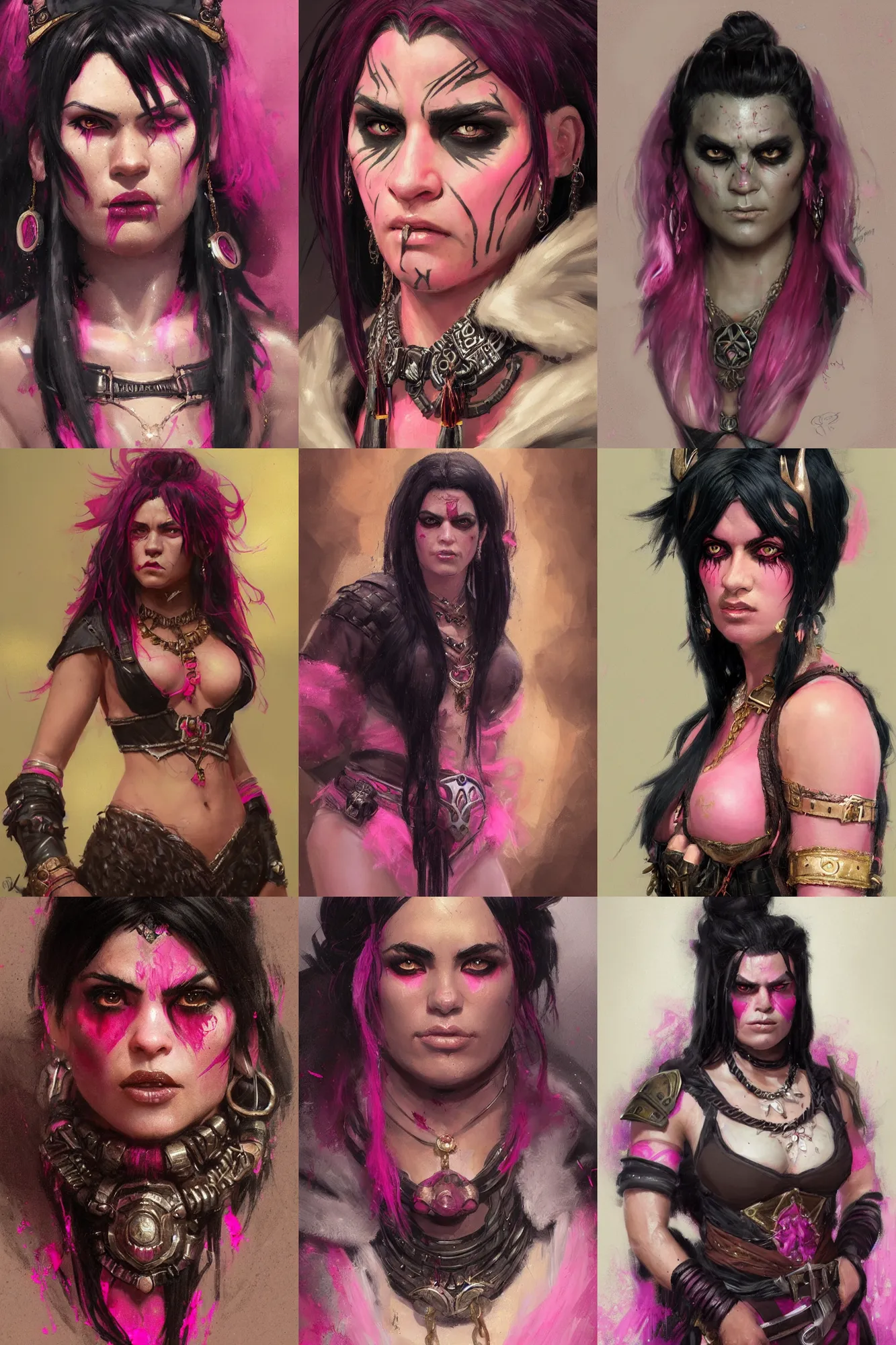 Prompt: half - orc bouncer, black hair with pink streaks, woman, elaborate jewellery, brown outfit, painted by greg rutkowski, detailed portrait, featured in artstation