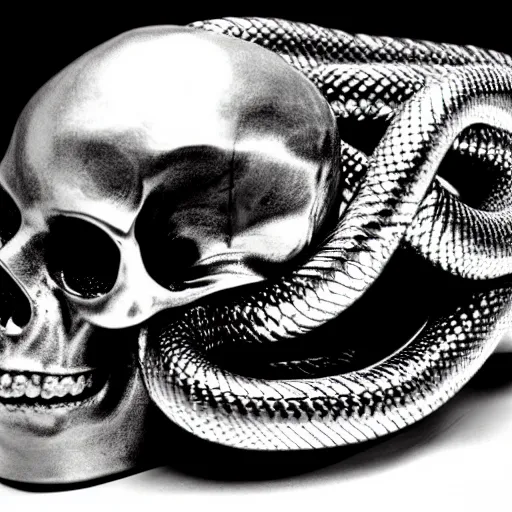 Image similar to large metallic skull attached to a long, coiled snake, stoic and calm, cinematic Eastman 5384 film