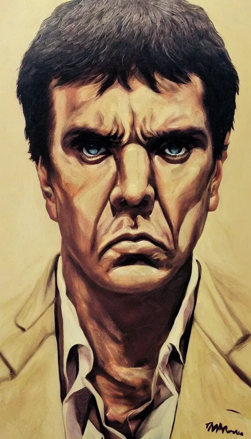 Image similar to close up. perfect symmetric face, coherent symmetric eyes. detailed face. portrait of tony montana from movie scarface. angry face. contrast colors