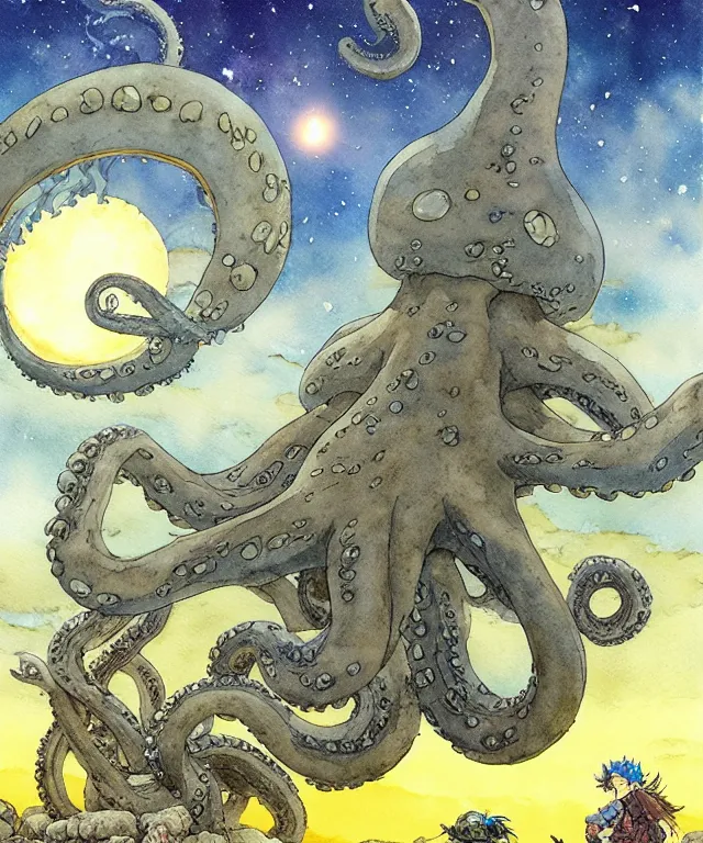 Image similar to a hyperrealist studio ghibli watercolor fantasy concept art. in the foreground is a giant grey octopus lifting and putting stones in to place on top of stonehenge with a starry sky. by rebecca guay, michael kaluta, charles vess