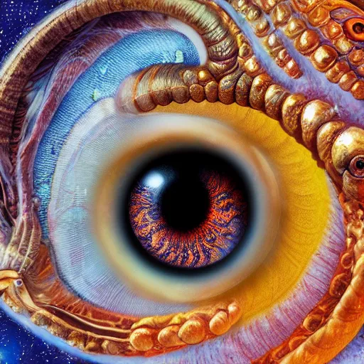 Prompt: hyper realistic photograph of a marble statue of the human eye in the shape of snail shell, space background, unlimited detail, colored, space, dragon, intricate, detail, phoenix, orange