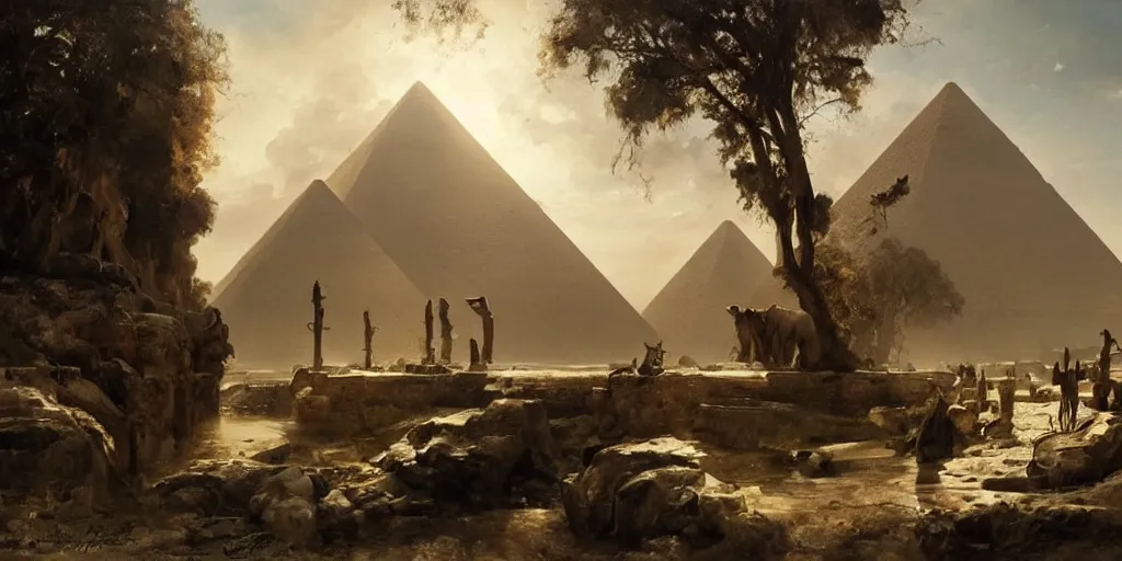 Image similar to beautiful landscape oil matte painting, of ancient egyptian giant satue of anubis, art by anders zorn, wonderful masterpiece by greg rutkowski, beautiful cinematic light, american romanticism, by thomas lawrence, greg rutkowski