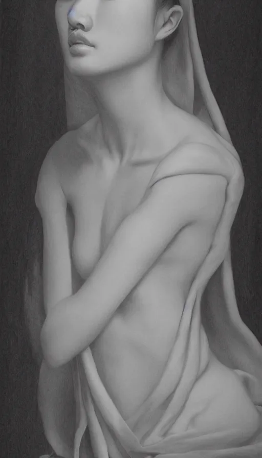 Image similar to model yoon young as the high priestess, by roberto ferri, black and white graphite drawing, smooth render, 3 / 4 view