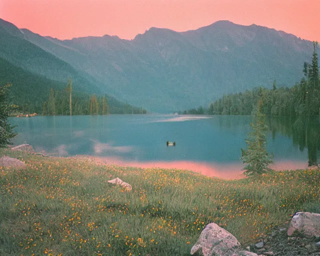 Image similar to sunset over the lake in the mountains, kodak portra 8 0 0