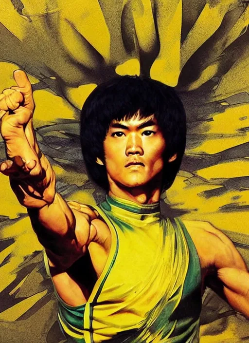 Image similar to bruce lee, yellow, spike aura in motion, floating pieces, painted art by tsuyoshi nagano, greg rutkowski, artgerm, alphonse mucha, spike painting