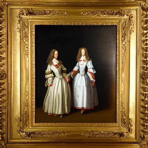 Image similar to oil on canvas. two women in a vast castle lobby wearing fine clothes. dark room with light coming through the right side of the place. baroque style 1 6 5 6. high quality painting, no distortion on subject faces.