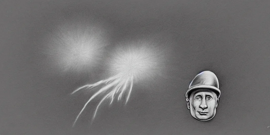 Image similar to vladimir putin wearing a nuclear mushroom cloud blast for a hat, cartoonish, ultra detailed pencil drawing