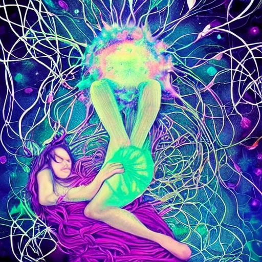 Prompt: fairy sleeping in a tangle of neurons synapses surreal psychedelic colors trending on artstation beautiful intricate fantasmal lovely