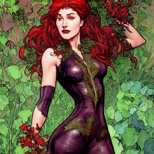 Image similar to a beautiful painting mary jane watson dressed as poison ivy, leather armored, dark eyeliner, intricate, elegant, highly detailed, digital painting, artstation, concept art, matte, sharp focus, illustration, art byby rebecca guay and by arthur rackham and by alphonse mucha and by john william waterhouse, comic book style!!