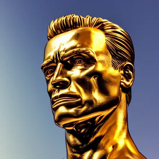 Image similar to Golden Arnold Schwarzenegger's Terminator Statue, mountain, Photography, Golden Hour, Wide Angle, Lens Flare, 3D, 4k, Adobe RGB, Angelic, Sunlight, Liquid Metal, insanely detailed and intricate, hypermaximalist, elegant, ornate, hyper realistic, super detailed,