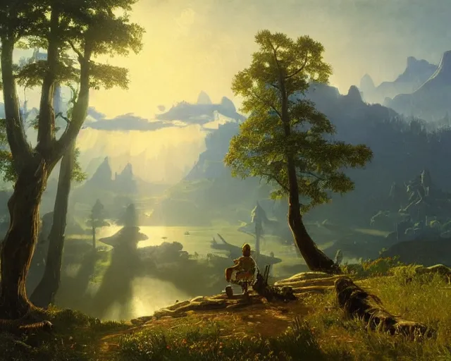 Prompt: breath of the wild by albert bierstadt and vsevolod ivanov, beautiful landscape, oil on canvas, fog, giant trees, river, mountains, epic