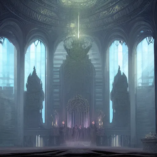 Image similar to Digital art of the opulent throne room Imperial matte finish, ominous dramatic wide angle, god rays Marc Simonetti