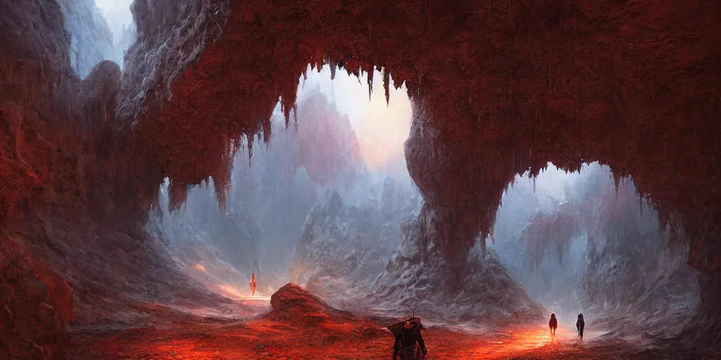 Prompt: lone wanderer in a highly detailed cinematic cave entrance in a scifi landscape by feng zhu, wayne barlowe, perfect geometry, hyper - detailed, sharp, beautiful, desaturated, beautiful lighting, oil on canvas, sunset